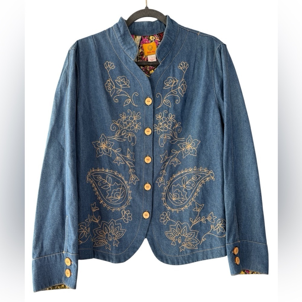 Ruby Rd. Embroidered Denim Jacket Paisley Floral Print Lined Collar Size 16